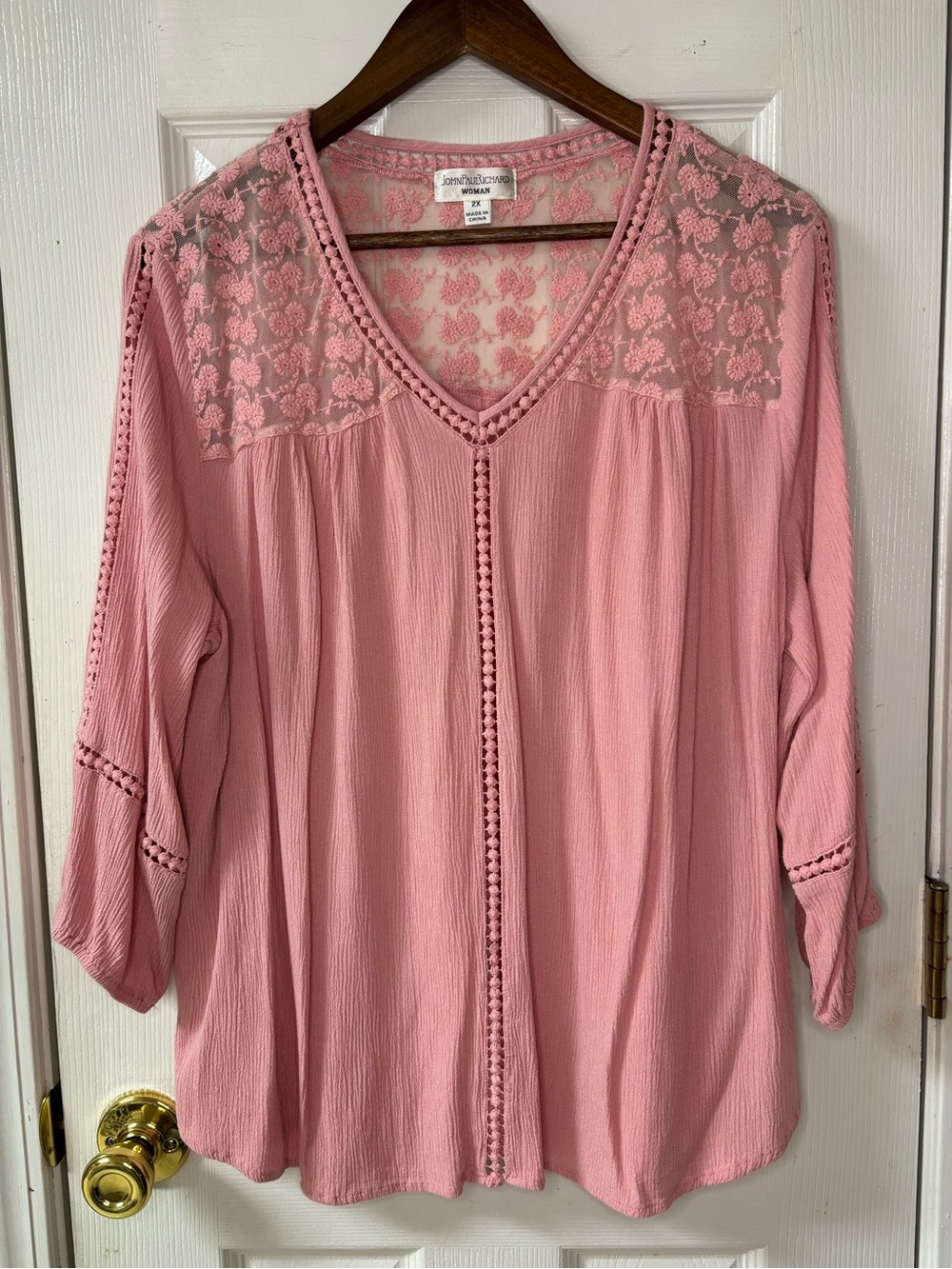 JohnPaulRichard Pink Lace Yoke V-Neck Blouse